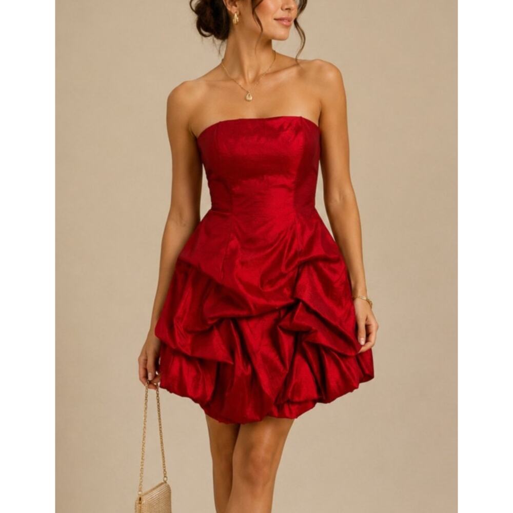 Jessica McClintock Satin Strapless Bubble Dress Sz 2 Red Semi Formal Prom Party